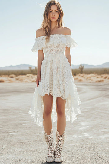 Lace Off the Shoulder White A Line Graduation Dress